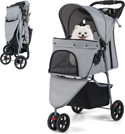 Pet Stroller with Adjustable Canopy and 3 Shock-absorbing Wheels