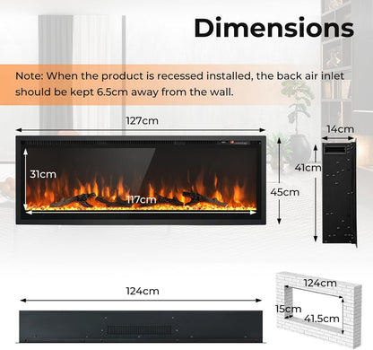 Linear Electric Fireplace with Log and Crystal Decor and Remote Contro