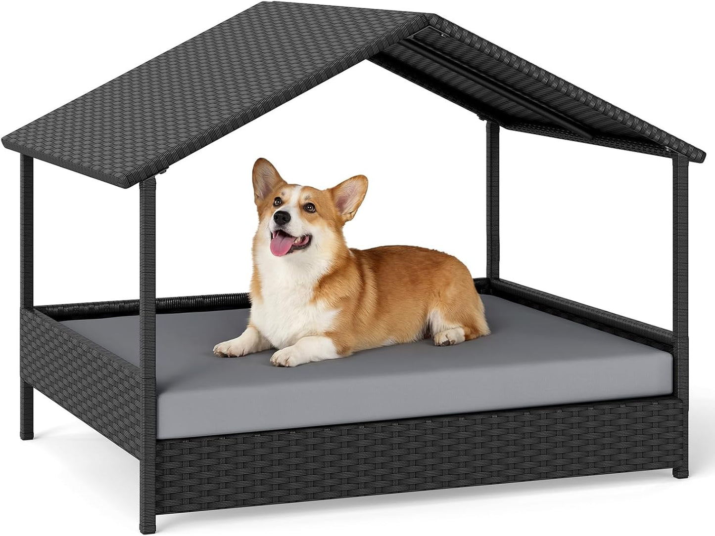 Wicker Dog Bed, Raised Rattan Dogs House with Canopy, Removable Cushion