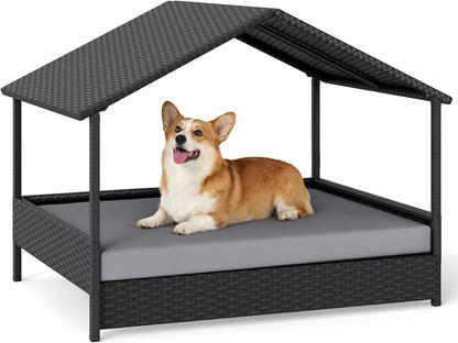 Wicker Dog Bed, Raised Rattan Dogs House with Canopy, Removable Cushion