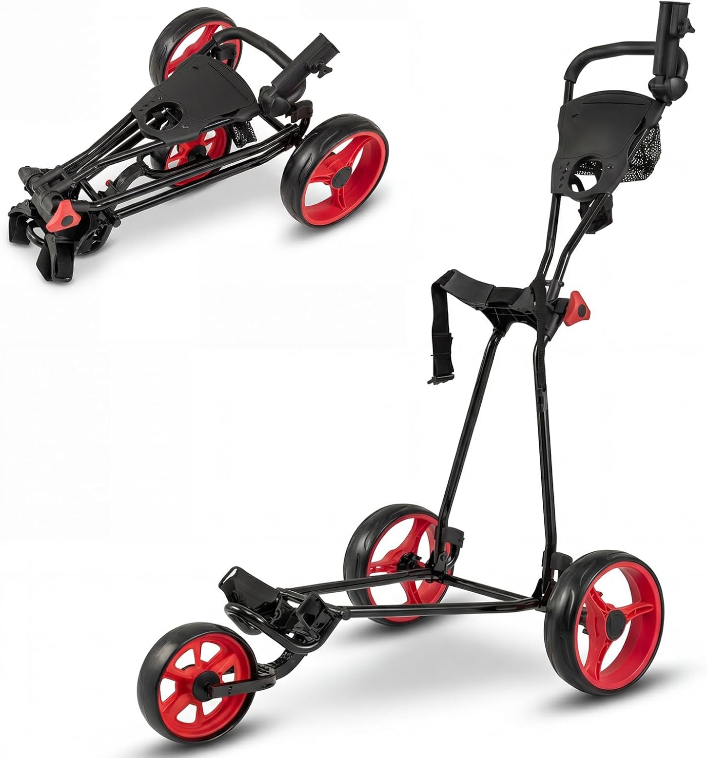 Folding Golf Push Pull Cart, Lightweight 3 Wheels Golfs Trolley with Foot Brake