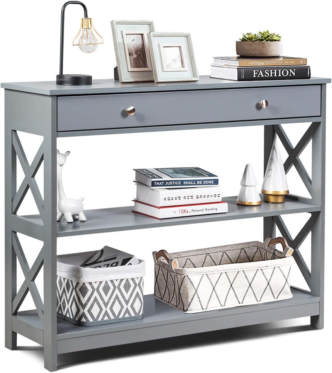 X-Shaped Sofa Side End Table with Drawer and 2 Storage Shelves
