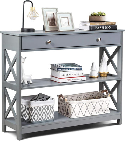 X-Shaped Sofa Side End Table with Drawer and 2 Storage Shelves