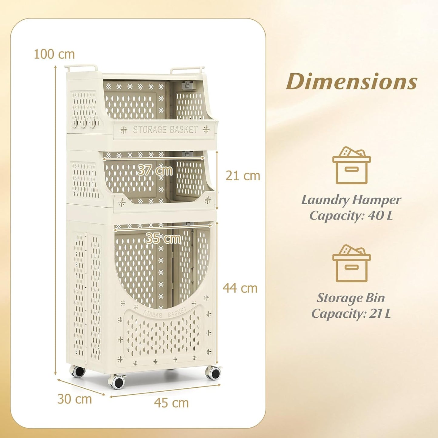 3/4-Tier Laundry Basket Trolley on Wheels, Foldable Laundry Hamper Cart