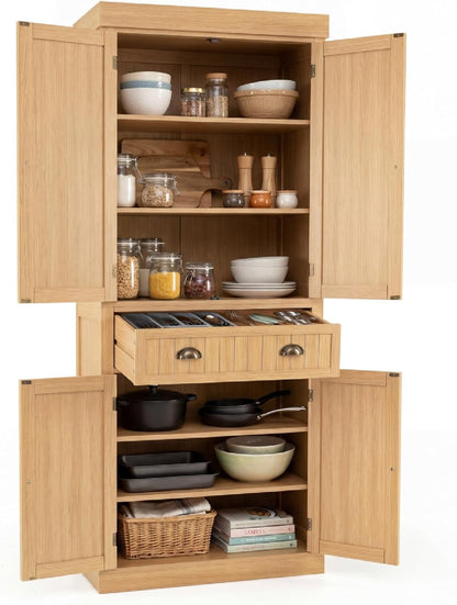 GiantexUK 183cm Tall Kitchen Cupboard, 4-Door Freestanding Pantry Cabinet with Adjustable Shelf, Drawer & Anti-Toppling Device