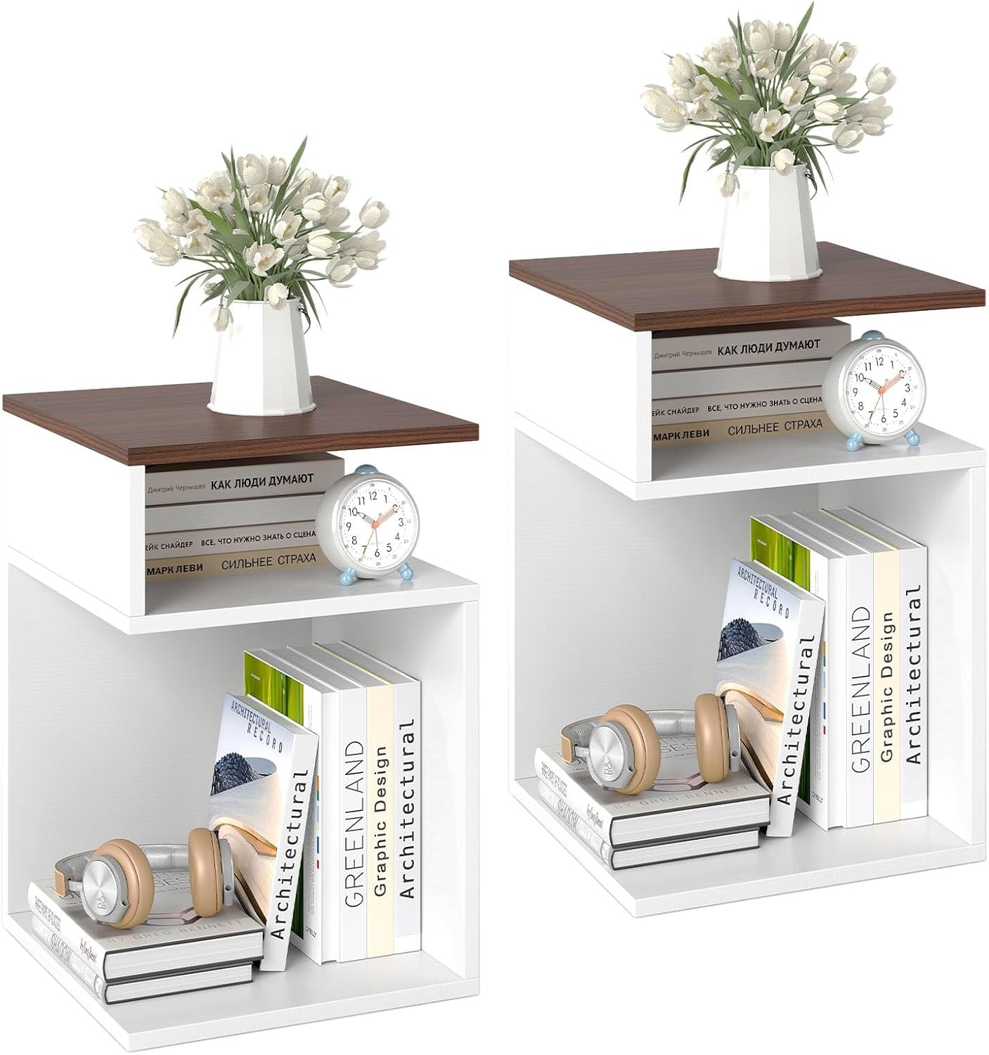 S-Shaped Side Table with 2 Open Compartments for Small Space