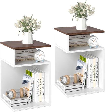 S-Shaped Side Table with 2 Open Compartments for Small Space