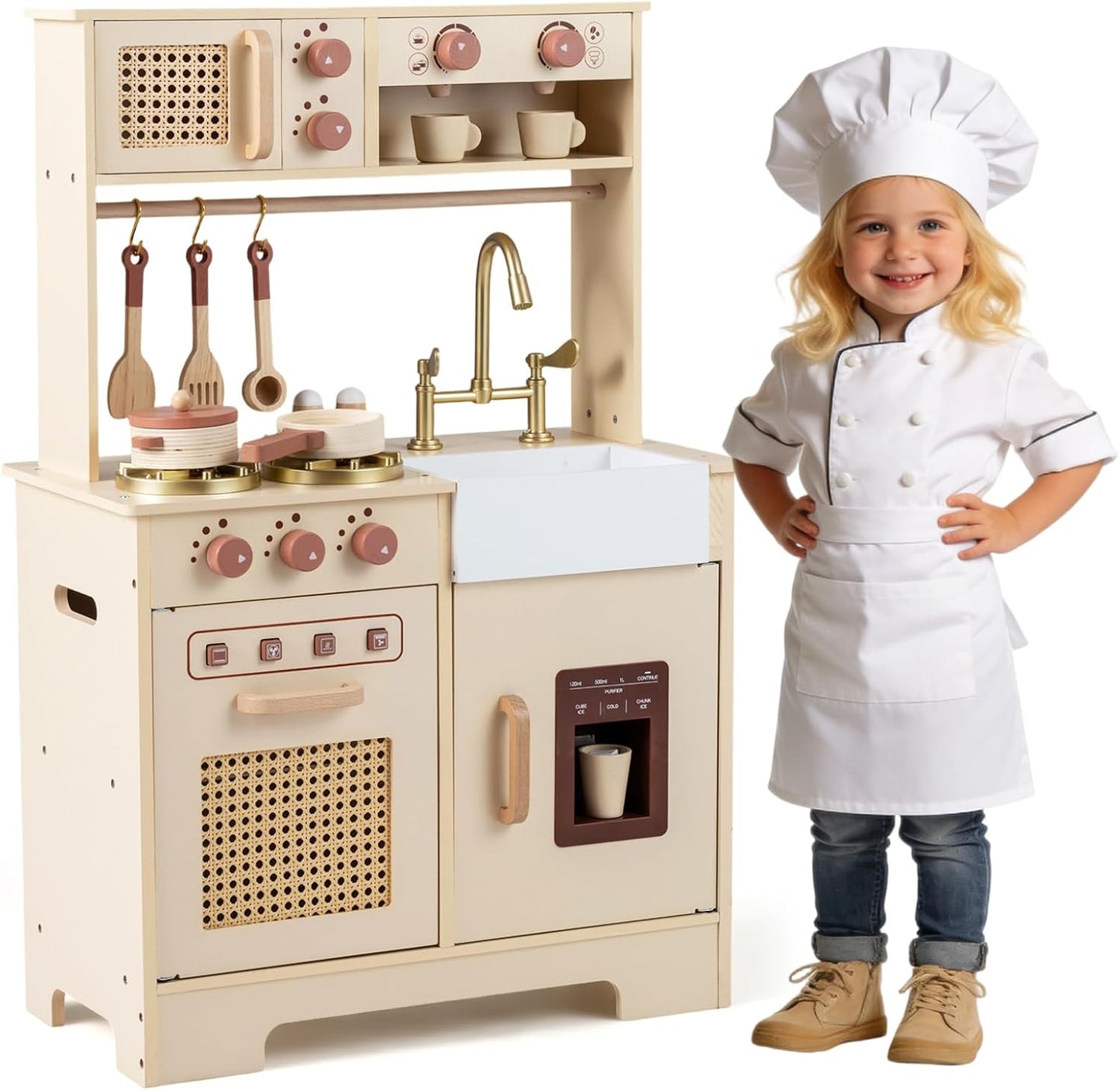 Kids Play Kitchen, Wooden Toy Kitchen with Stoves