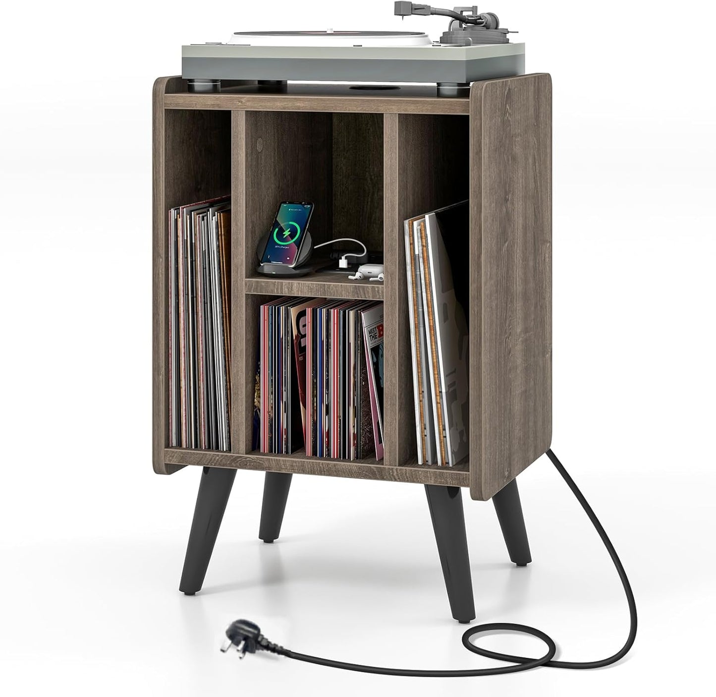 Record Player Stand with 4 Open Shelves Power Outlet USB Charging Port