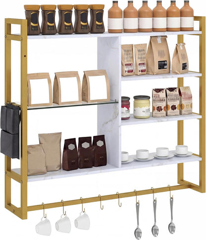 107 CM Industrial Floating Shelves 6-Tier Wall Mounted Shelf with 8 S-Hooks