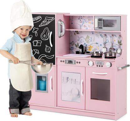 Kids Play Kitchen, Wooden Children Pretend Kitchen with Ice Maker