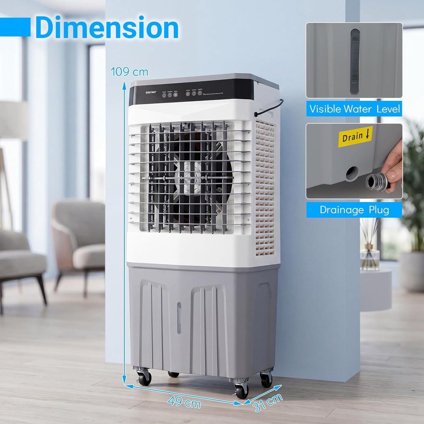 3-in-1 Evaporative Air Cooler with 15L Water Tank and 3 Speeds