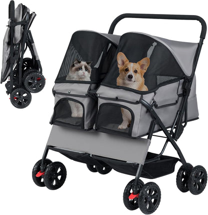 Double Pet Stroller, Foldable Dog Travel Pushchair Cat Buggy