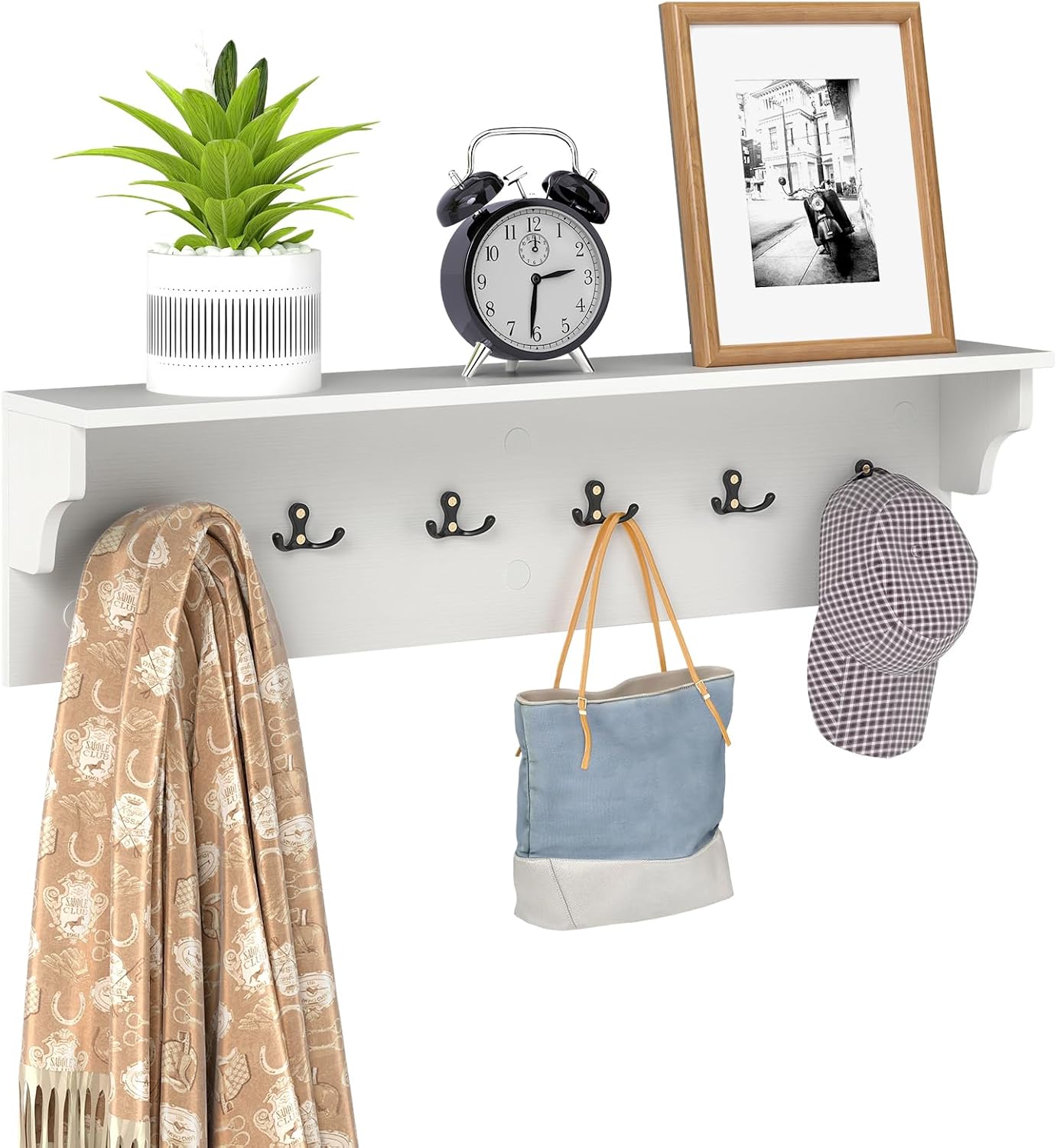 Wall-Mounted Coat Rack with Shelf, 80cm Wooden Wall Shelf Clothes Hanger
