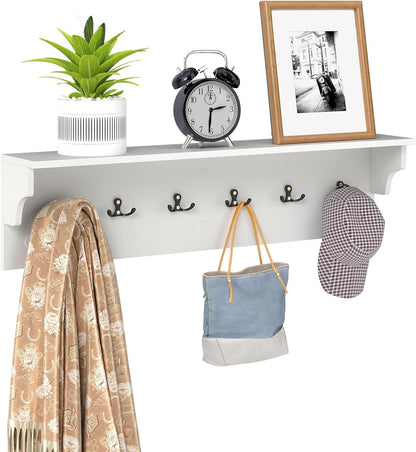 Wall-Mounted Coat Rack with Shelf, 80cm Wooden Wall Shelf Clothes Hanger