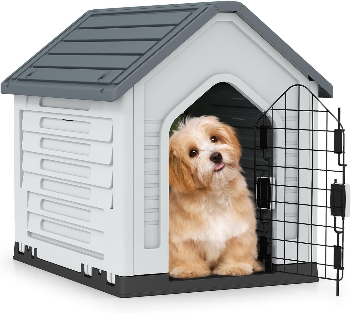 Plastic Dog House, Indoor Outdoor Pet Shelter with Metal Lockable Door