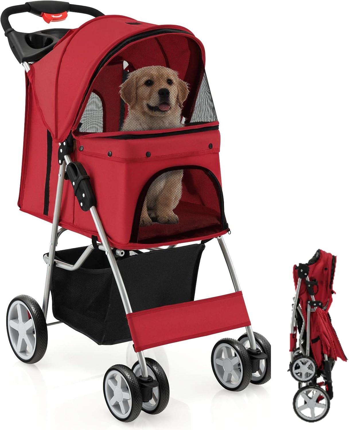 4-Wheel Folding Pet Stroller with Storage Basket and Adjustable Canopy