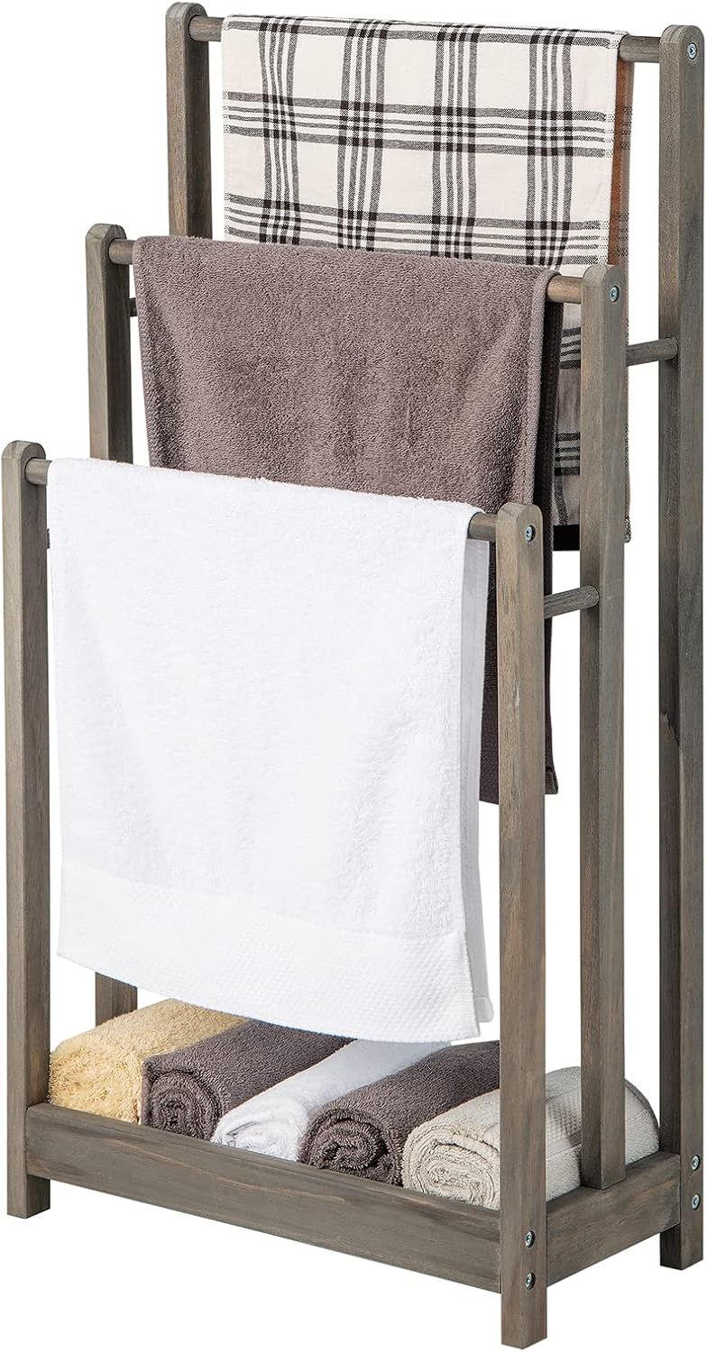 Solid Wood Towel Holder Drying Stand with 3 Towel Rails and Storage Shelf