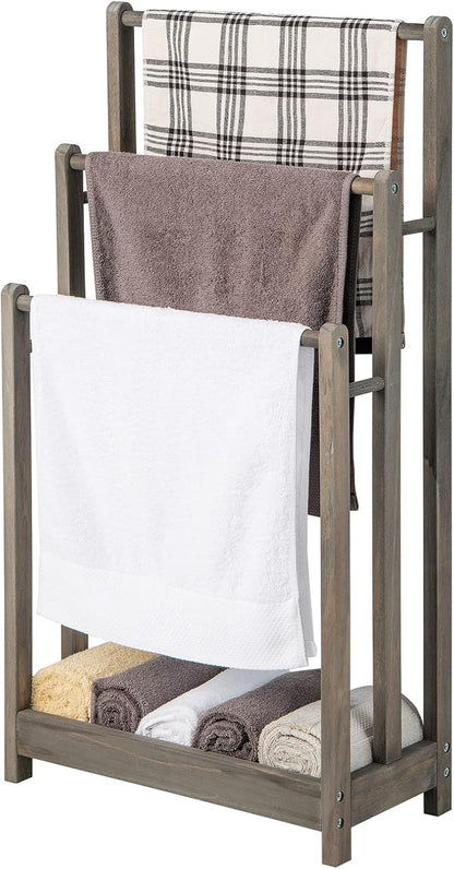 Solid Wood Towel Holder Drying Stand with 3 Towel Rails and Storage Shelf