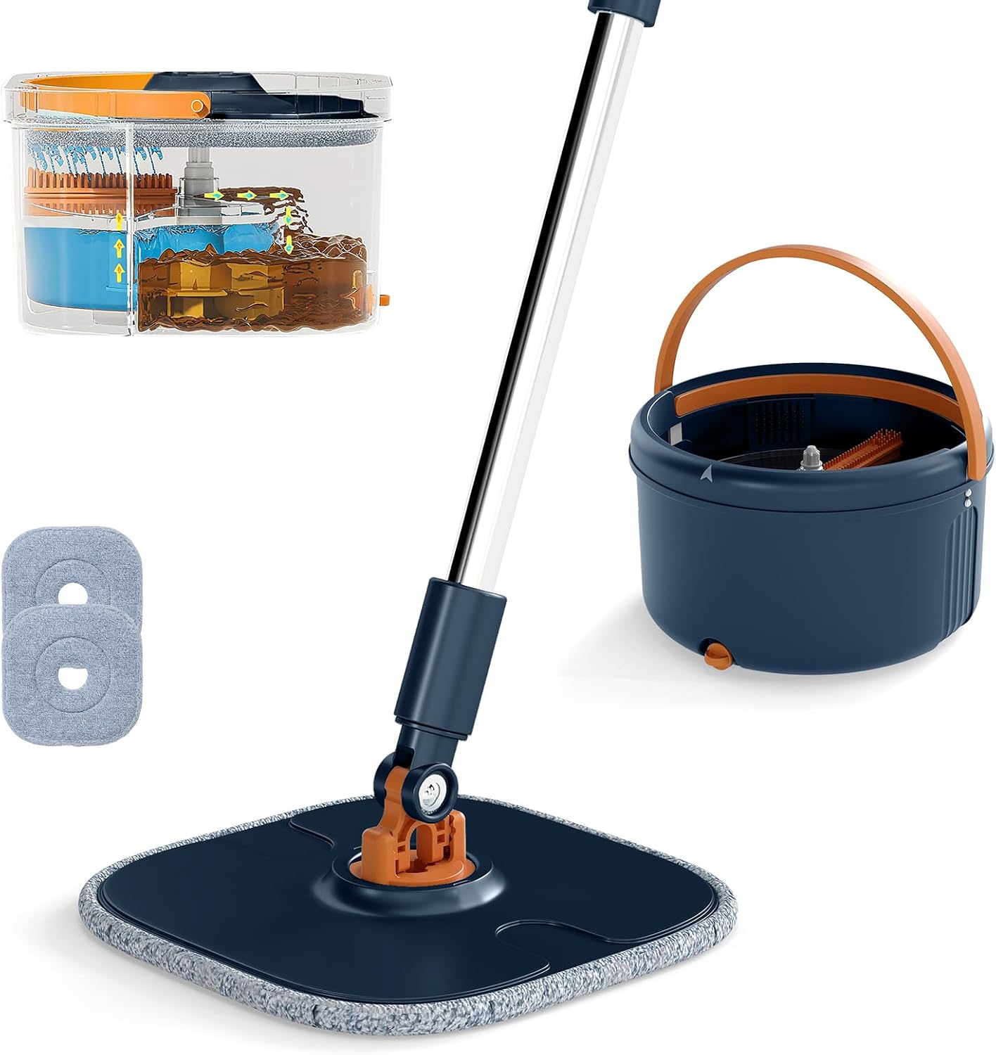 Flat Floor Mop and Bucket System with Washable Microfiber Pads