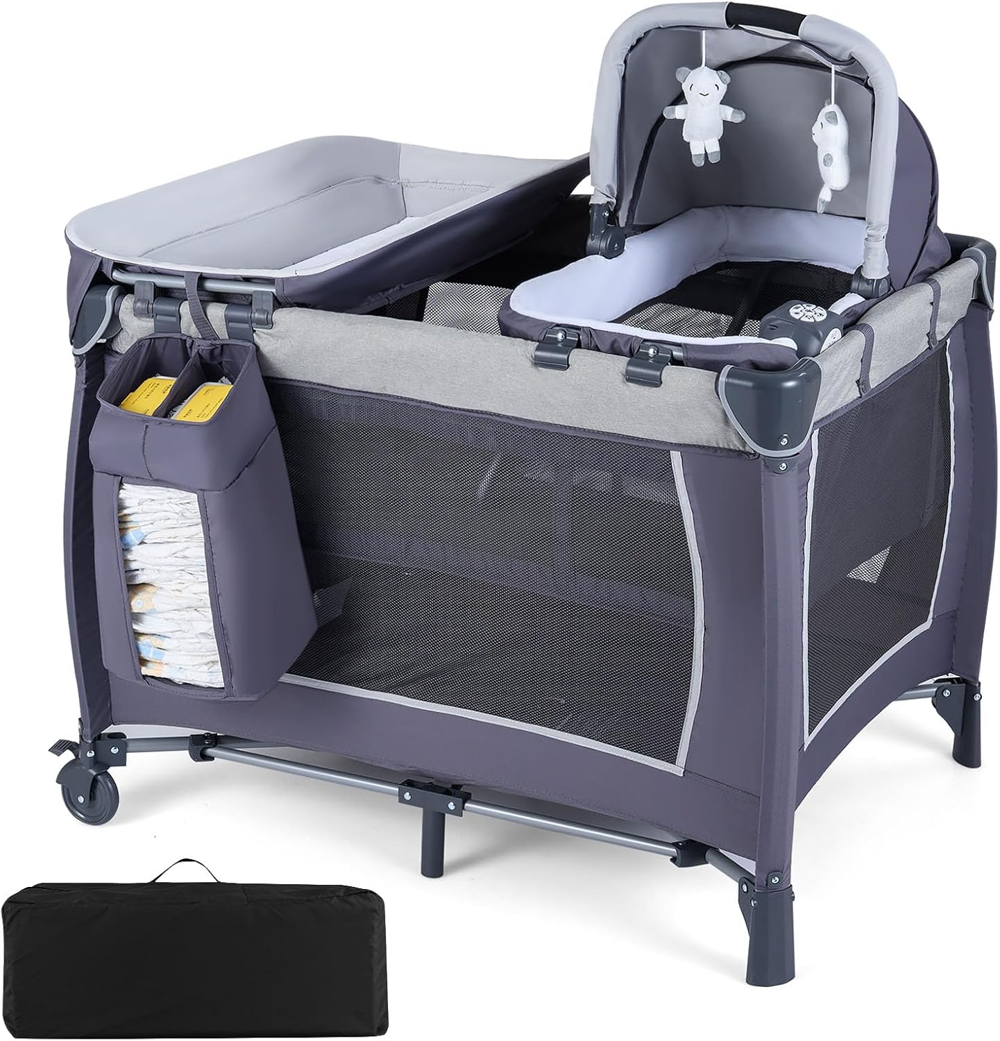 5 in 1 Travel Cot, Portable Baby Crib Bassinet with Rocking Bassinet & Diaper Changing Table