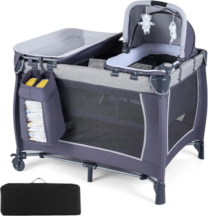 5 in 1 Travel Cot, Portable Baby Crib Bassinet with Rocking Bassinet & Diaper Changing Table