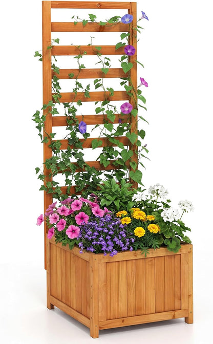 Wooden Planter with Trellis, Raised Garden Bed with Drainage Holes
