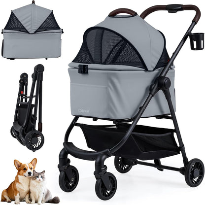 Pet Stroller, 3 in 1 Folding Dog Pram with Detachable Car Seat Carrier