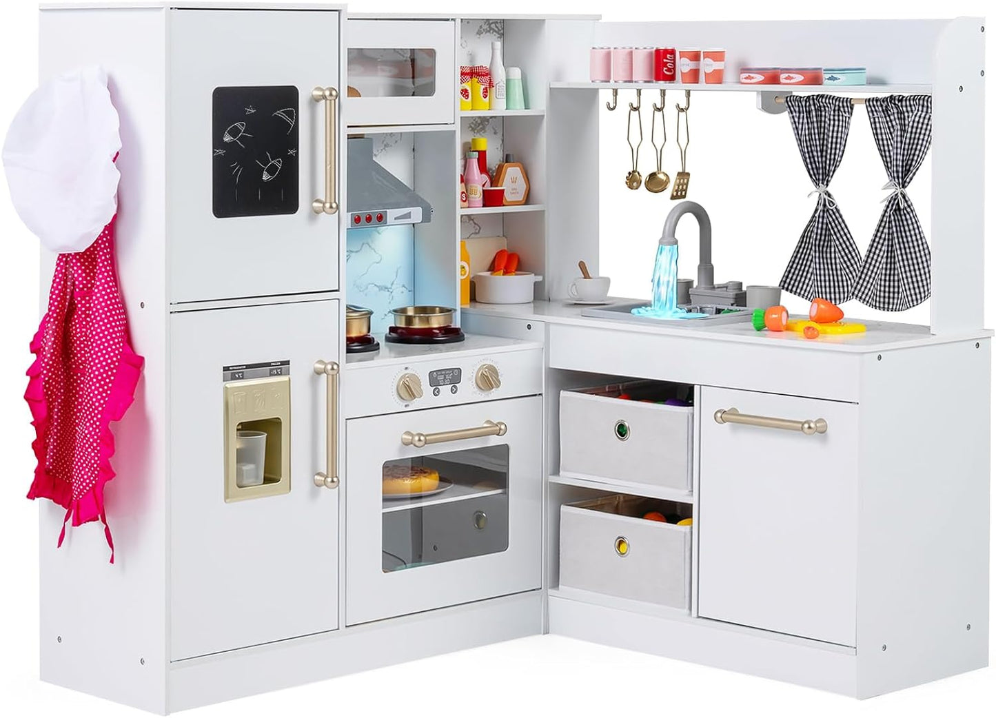Kids Wooden Corner Play Kitchen with Lighted Range Hood and Stoves