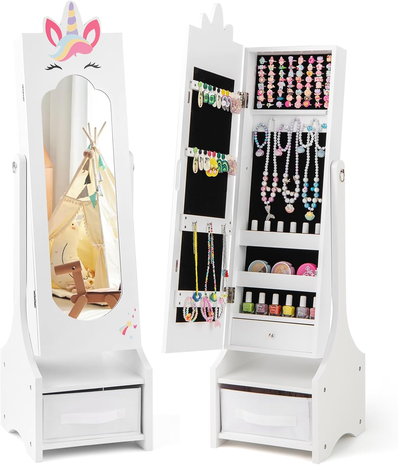 Kids Jewelry Cabinet with Full-Length Mirror and Foldable Drawer