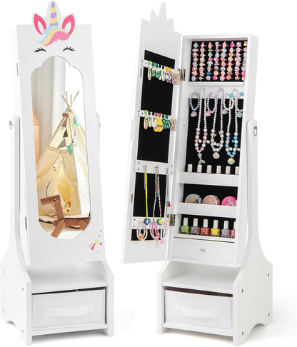 Kids Jewelry Cabinet with Full-Length Mirror and Foldable Drawer