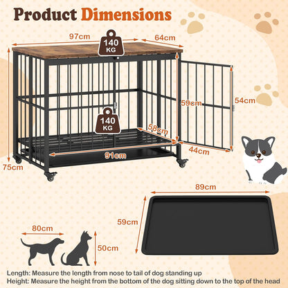 Dog Crate Furniture on Wheels, Foldable Dog Kennel Side Table with Lockable Door