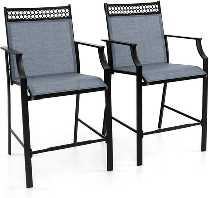 Fabric Outdoor Bar Stools Set of 2 with High Back Armrests & Footrest