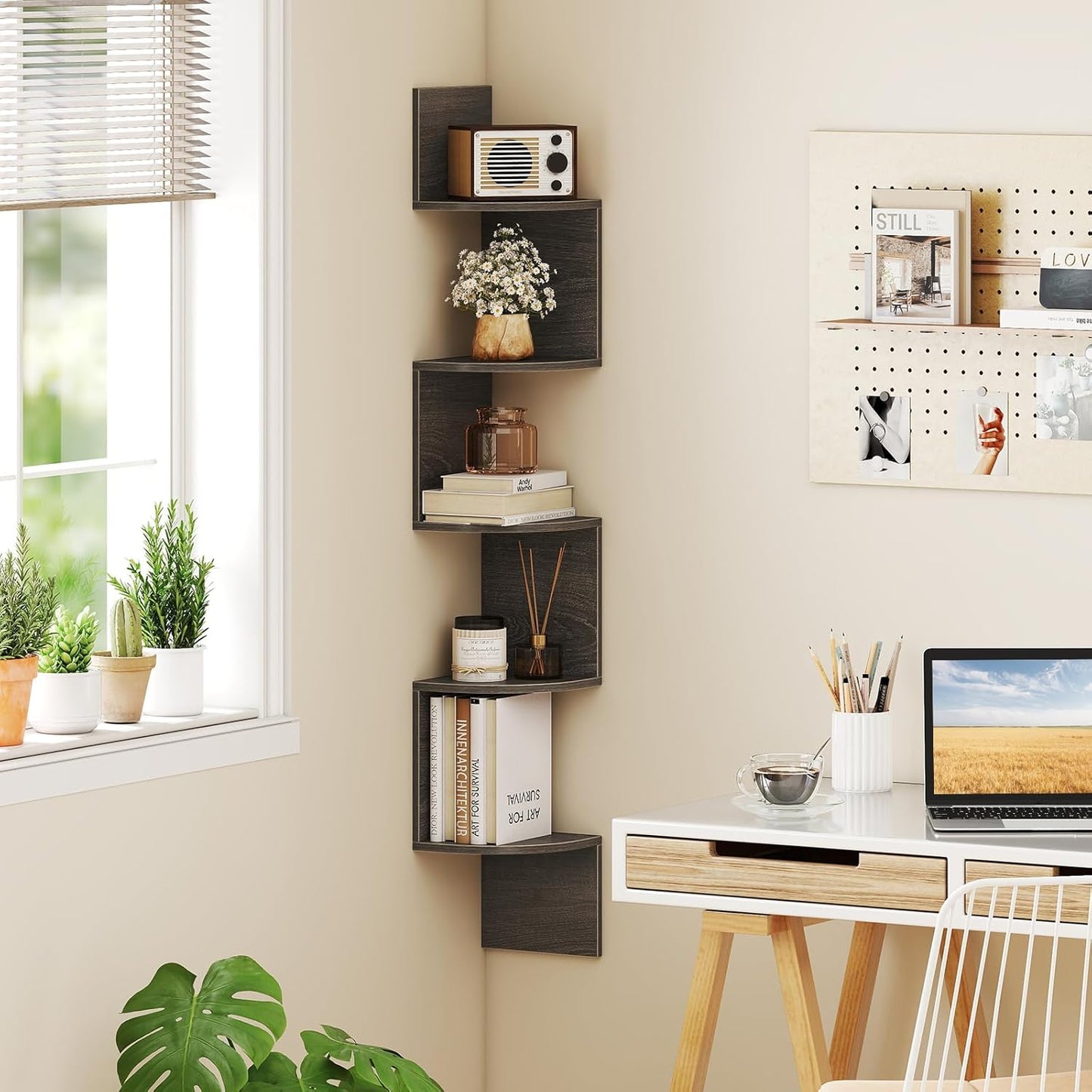 5-Tier Corner Shelf Wall Mount Floating Corner Bookshelf Corner Ladder Shelf