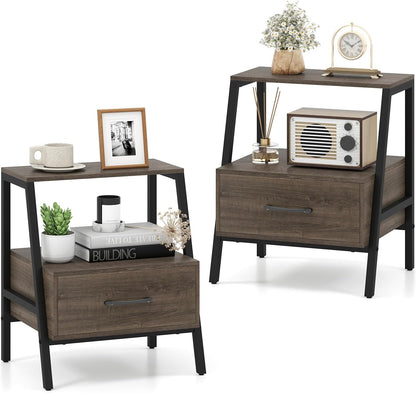 Farmhouse Nightstand End Sofa Side Table with Drawer and Storage Shelf