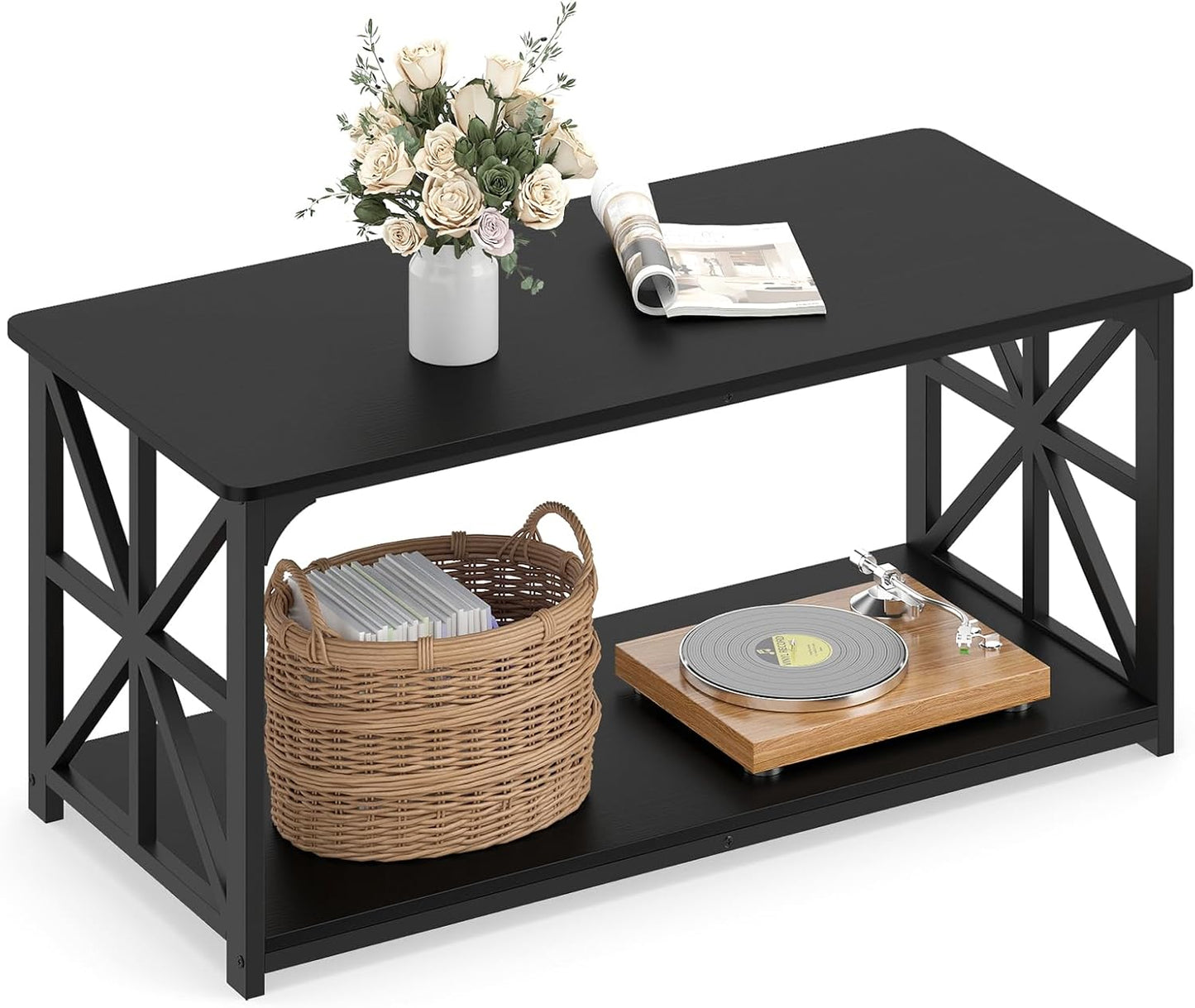 Coffee Table Industrial Farmhouse Accent Table with Open Storage Shelf