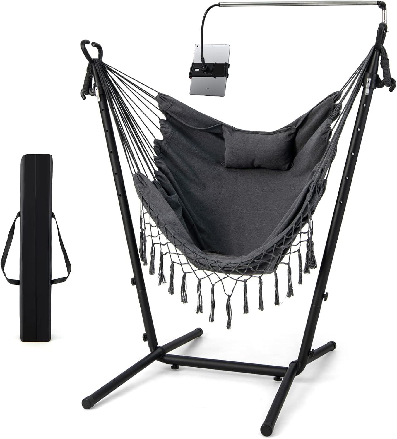 Hammock Chair with Stand and Phone Holder, 6-Level Height Adjustable Patio Swing Hammock