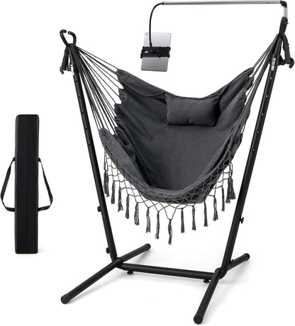 Hammock Chair with Stand and Phone Holder, 6-Level Height Adjustable Patio Swing Hammock