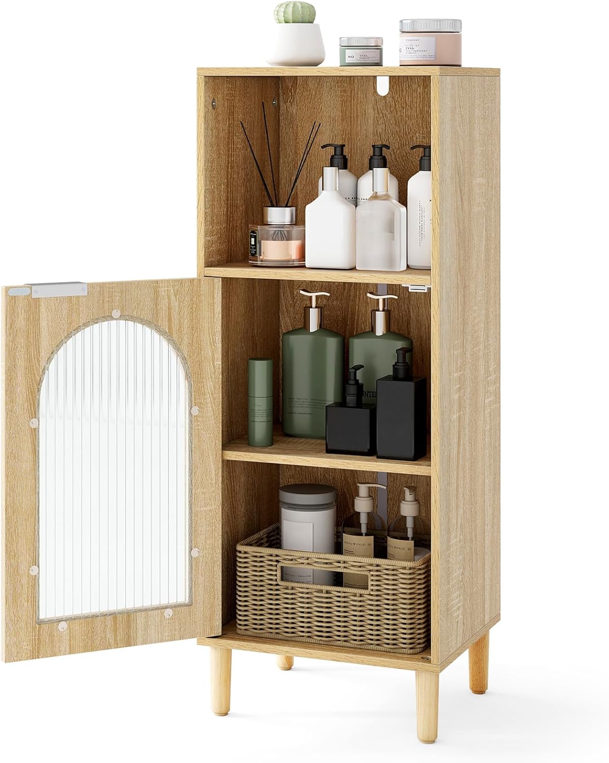 Bathroom Floor Cabinet, Freestanding Storage Cupboard with Tempered Glass Door