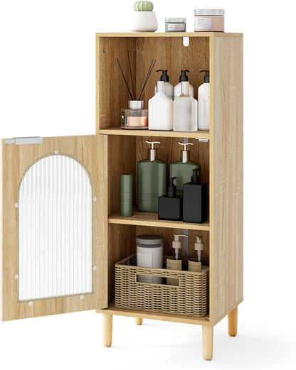 Bathroom Floor Cabinet, Freestanding Storage Cupboard with Tempered Glass Door