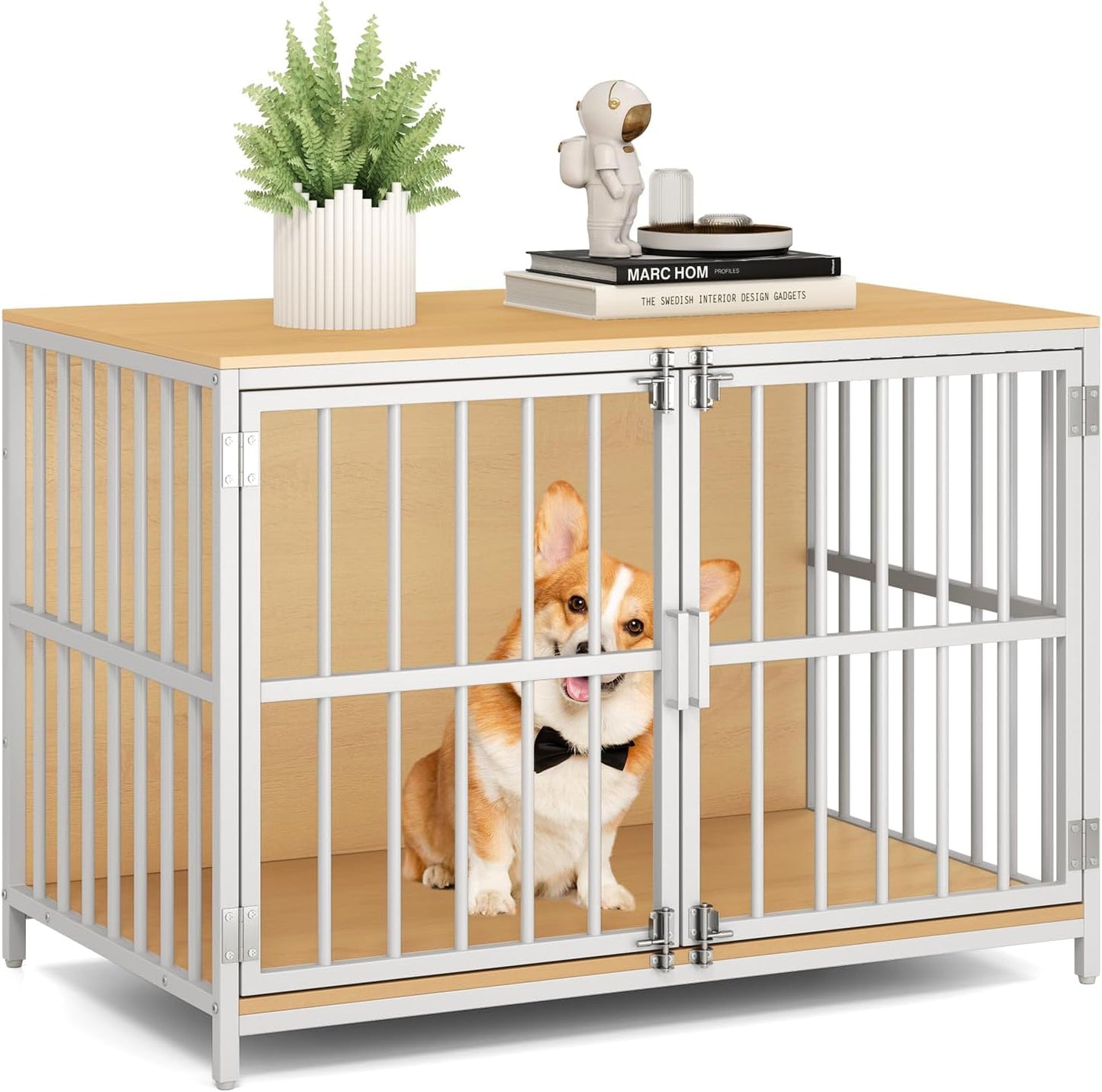 Wooden Indoor Dog Kennel with Lockable Double Doors for Small & Medium Sized Dogs