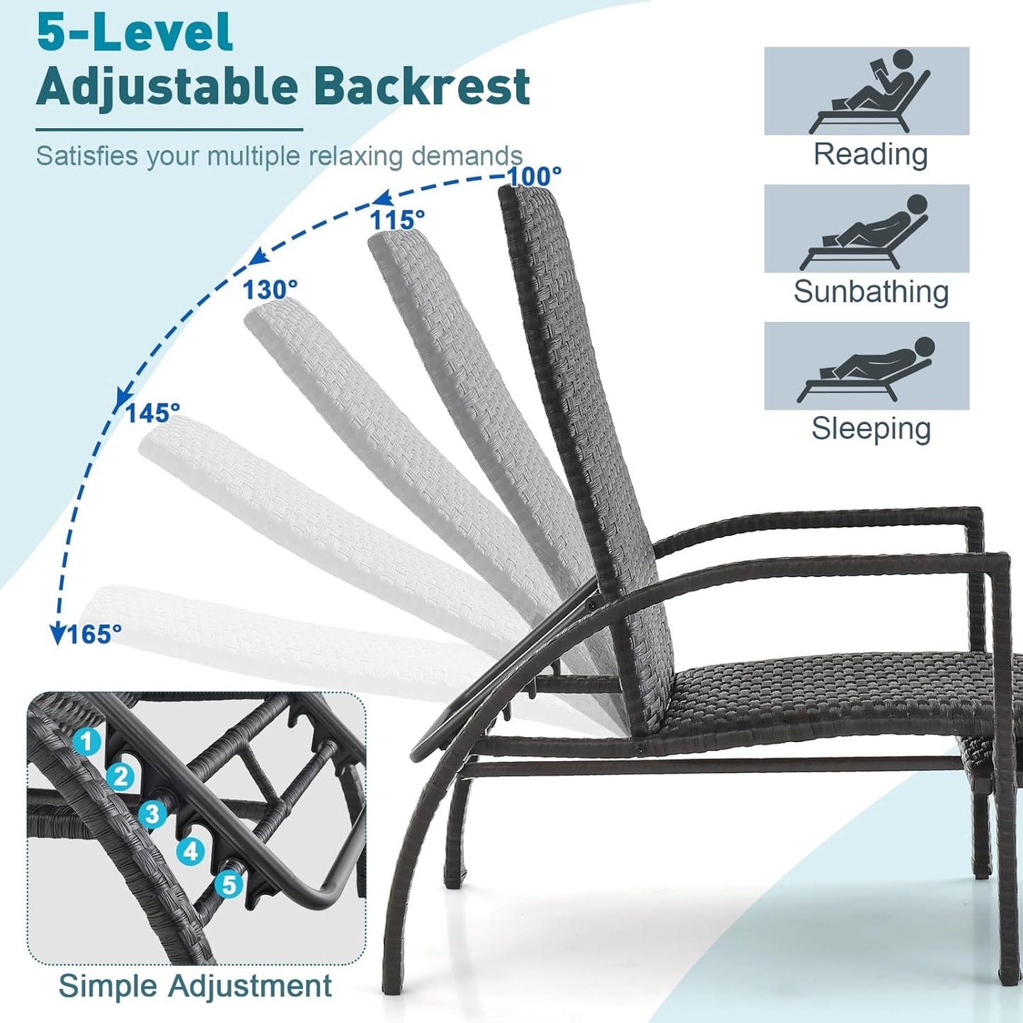 Patio Chaise Lounge with 5-Level Adjustable Backrest