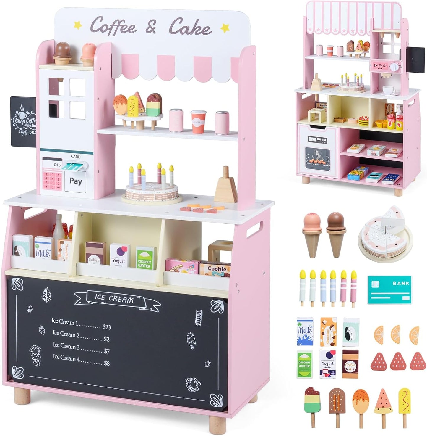 Kids Ice Cream Shop, Wooden Grocery Store Playset with 27 Accessories