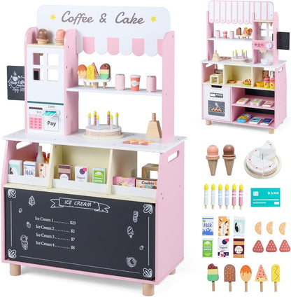 Kids Ice Cream Shop, Wooden Grocery Store Playset with 27 Accessories