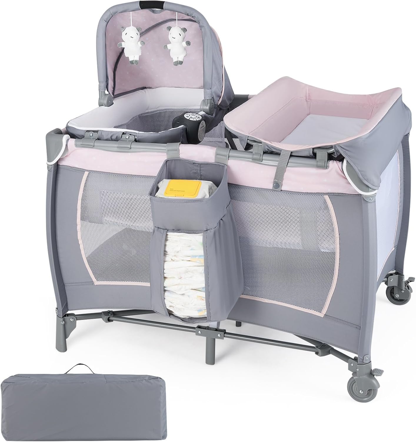 5 in 1 Travel Cot, Portable Baby Crib Bassinet with Rocking Bassinet & Diaper Changing Table