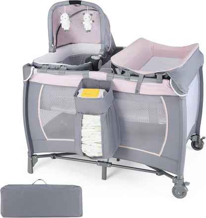 5 in 1 Travel Cot, Portable Baby Crib Bassinet with Rocking Bassinet & Diaper Changing Table