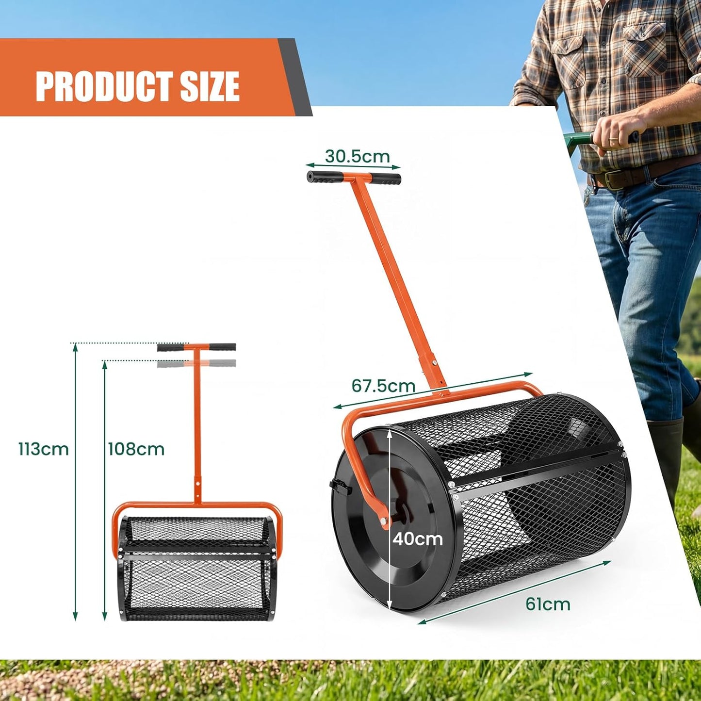 GiantexUK 27’’ Compost Spreader, Peat Moss Seeding Manure Fertiliser Garden Spreader Roller