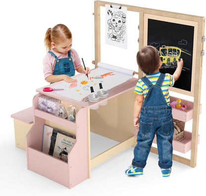 Kids Art Easel Table and Bench Set with Adjustable Easel and Bookshelf