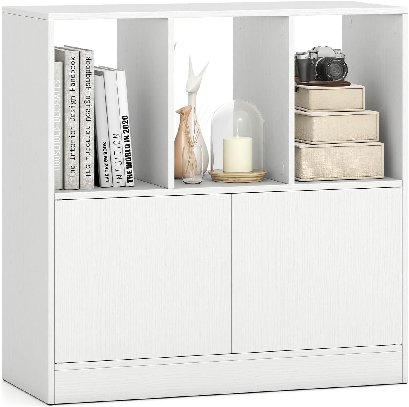 3-Cube Bookcase with Doors, Modern Bookshelf Open Storage Organizer Unit