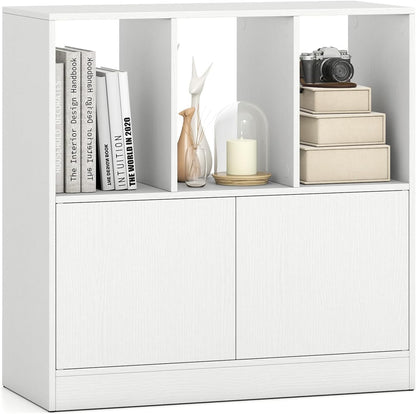 3-Cube Bookcase with Doors, Modern Bookshelf Open Storage Organizer Unit